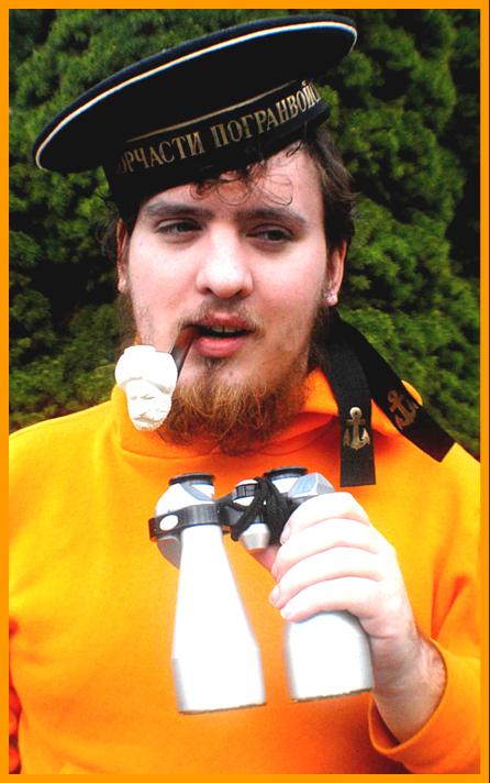 Man in Russian Sailor Hat with binoculars