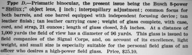 Documentation of WWI US Army signal corps purchase of Busch Stellux 8x binoculars.